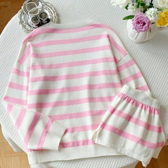 Pink & white Casual Women's Striped  knit Sweater and Shorts Set - Picture 2 of 8